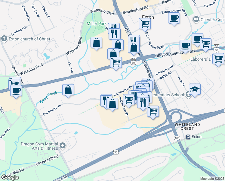 map of restaurants, bars, coffee shops, grocery stores, and more near 103 Commerce Dr in Exton