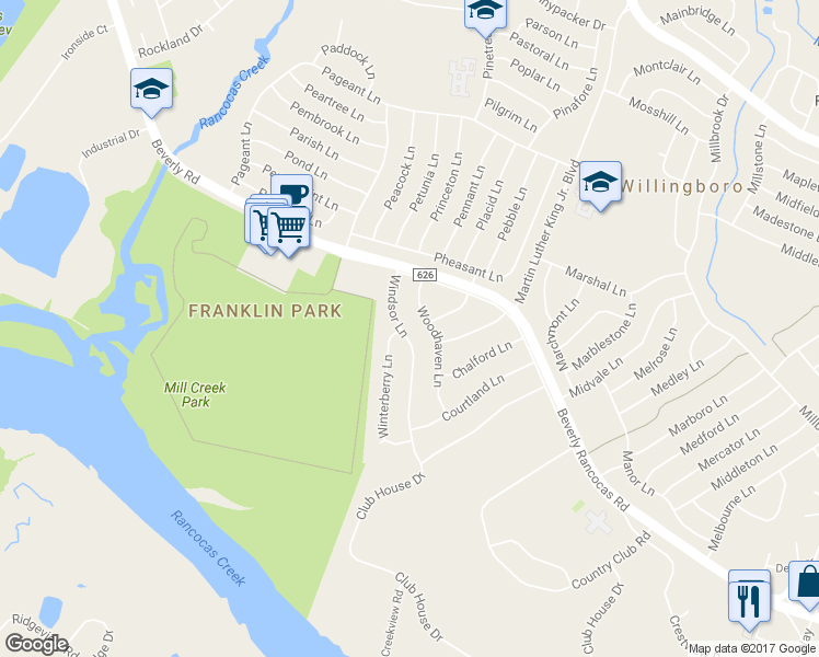 map of restaurants, bars, coffee shops, grocery stores, and more near 35 Windsor Lane in Willingboro