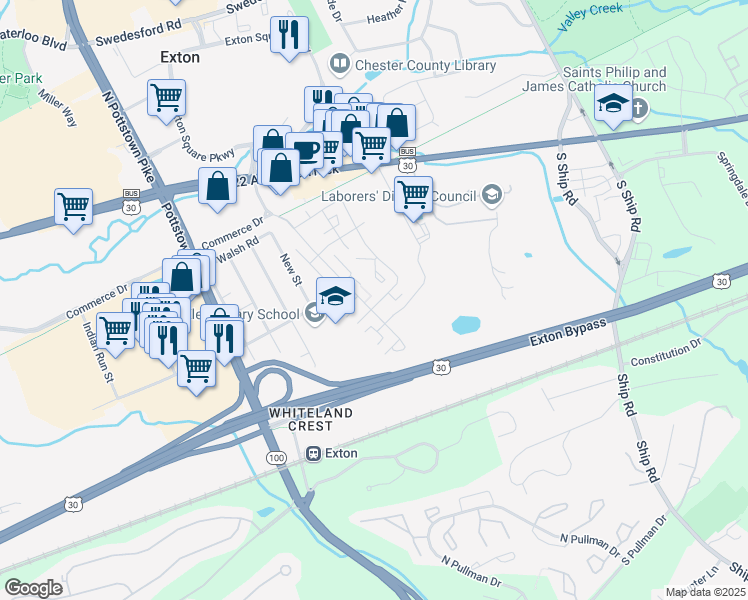 map of restaurants, bars, coffee shops, grocery stores, and more near 340 Aberdeen Avenue in Exton