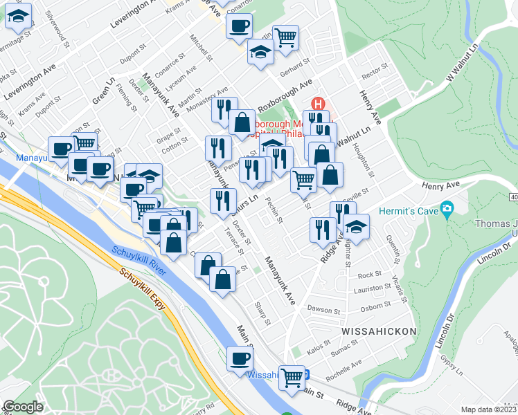 map of restaurants, bars, coffee shops, grocery stores, and more near 326 Kingsley Street in Philadelphia