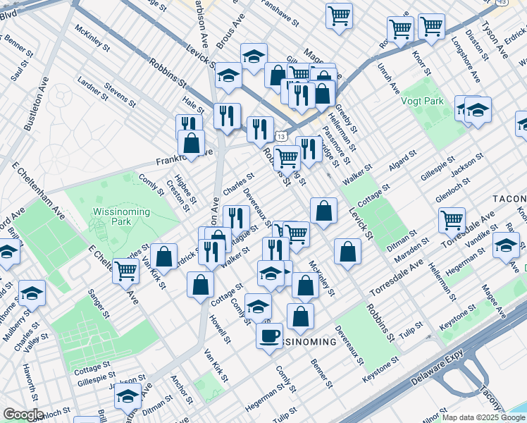 map of restaurants, bars, coffee shops, grocery stores, and more near 6201 Erdrick Street in Philadelphia
