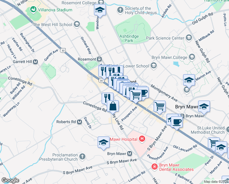 map of restaurants, bars, coffee shops, grocery stores, and more near 1112 Lincoln Highway in Bryn Mawr