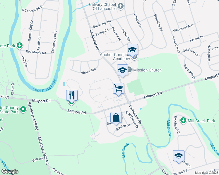 map of restaurants, bars, coffee shops, grocery stores, and more near 7 Leeds Court in Lancaster