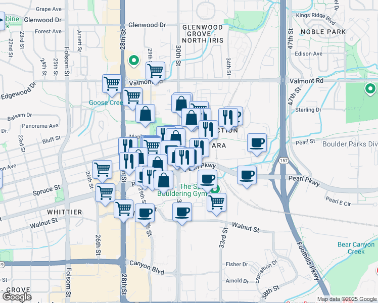 map of restaurants, bars, coffee shops, grocery stores, and more near 2291 31st Street in Boulder