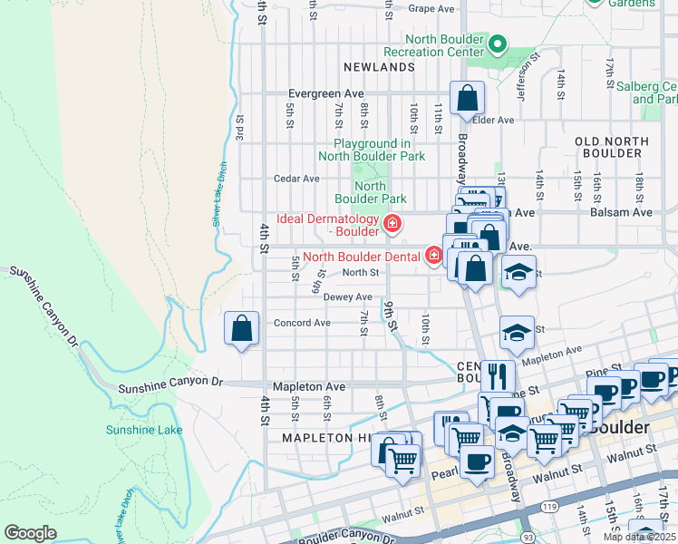 map of restaurants, bars, coffee shops, grocery stores, and more near 620 North Street in Boulder