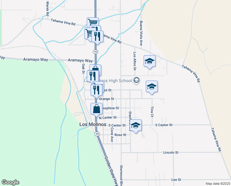 map of restaurants, bars, coffee shops, grocery stores, and more near 7857 Sherwood Blvd in Los Molinos