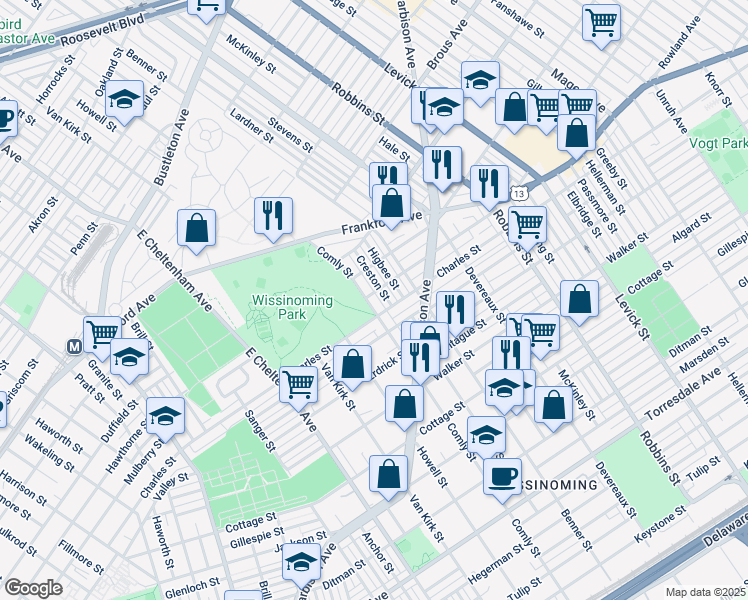 map of restaurants, bars, coffee shops, grocery stores, and more near 4077 Comly Street in Philadelphia