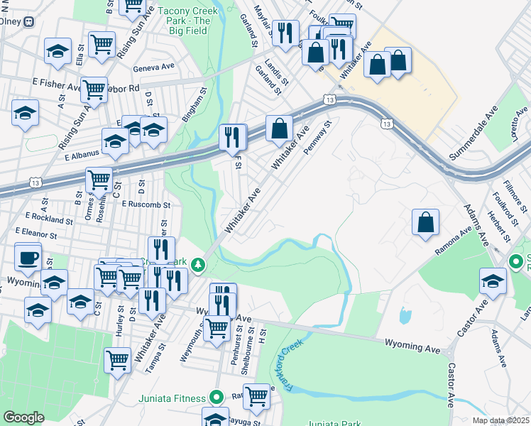 map of restaurants, bars, coffee shops, grocery stores, and more near 5003 Pennway Street in Philadelphia