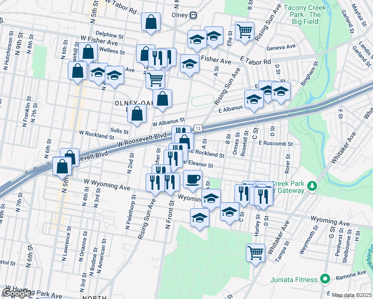 map of restaurants, bars, coffee shops, grocery stores, and more near 4847 Rising Sun Avenue in Philadelphia