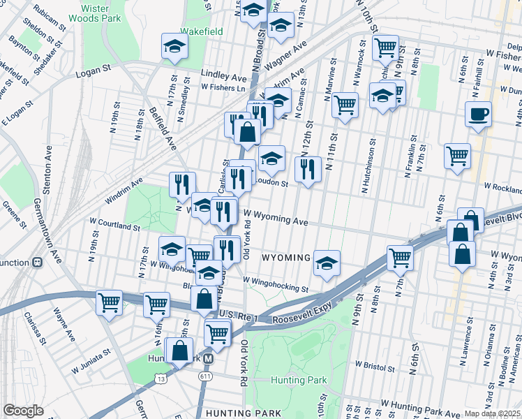 map of restaurants, bars, coffee shops, grocery stores, and more near 1311 West Wyoming Avenue in Philadelphia