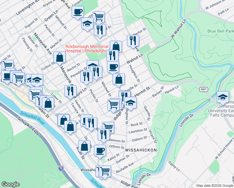 map of restaurants, bars, coffee shops, grocery stores, and more near 476 Seville Street in Philadelphia