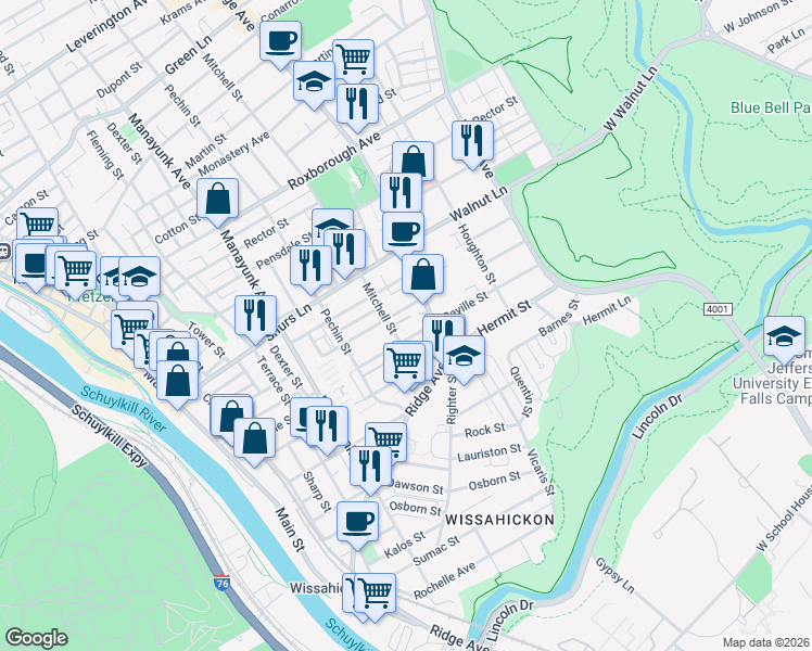 map of restaurants, bars, coffee shops, grocery stores, and more near 455 Markle Street in Philadelphia