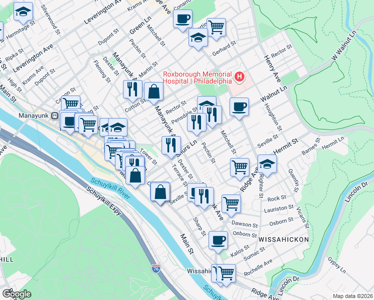 map of restaurants, bars, coffee shops, grocery stores, and more near 210 Shurs Lane in Philadelphia
