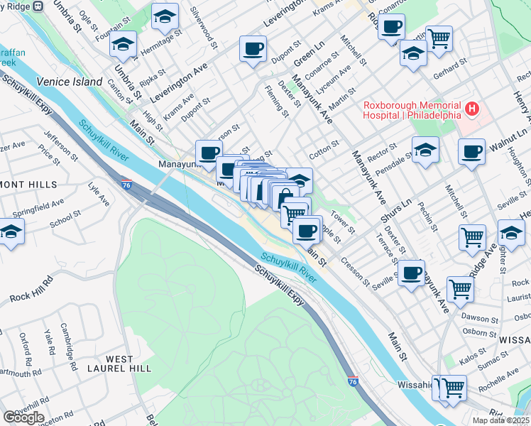 map of restaurants, bars, coffee shops, grocery stores, and more near 4254 Main Street in Philadelphia