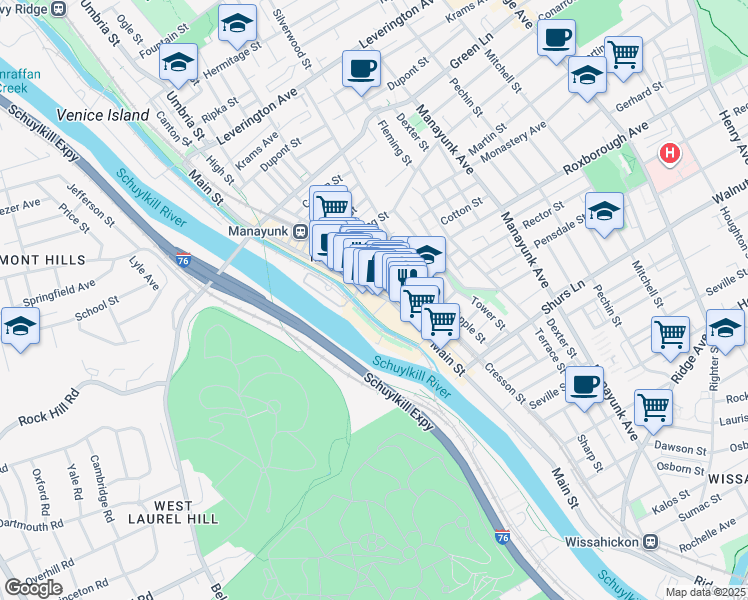 map of restaurants, bars, coffee shops, grocery stores, and more near 4313-17 Main Street in Philadelphia