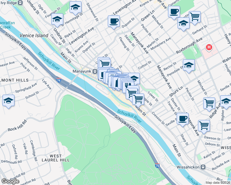 map of restaurants, bars, coffee shops, grocery stores, and more near 4313-17 Main Street in Philadelphia