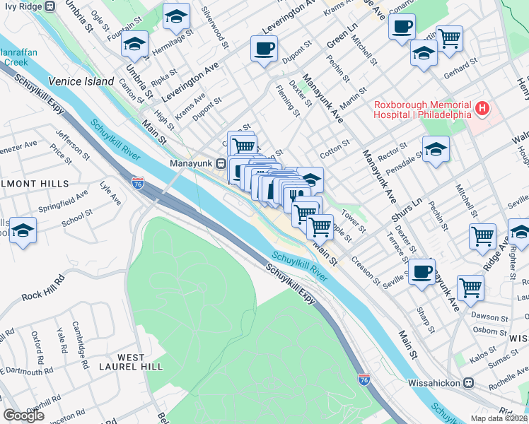 map of restaurants, bars, coffee shops, grocery stores, and more near 4313-17 Main Street in Philadelphia