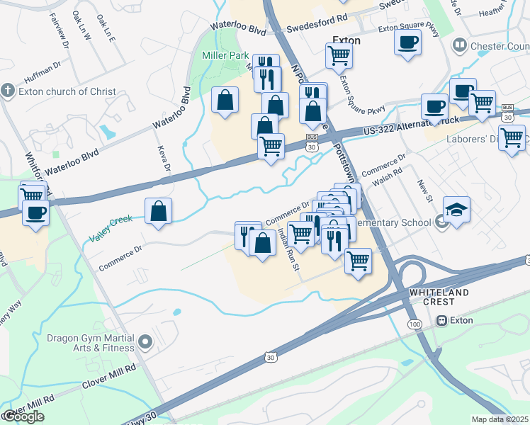 map of restaurants, bars, coffee shops, grocery stores, and more near 103 Commerce Dr in Exton