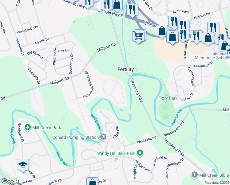 map of restaurants, bars, coffee shops, grocery stores, and more near 134 Heritage Road in Lancaster
