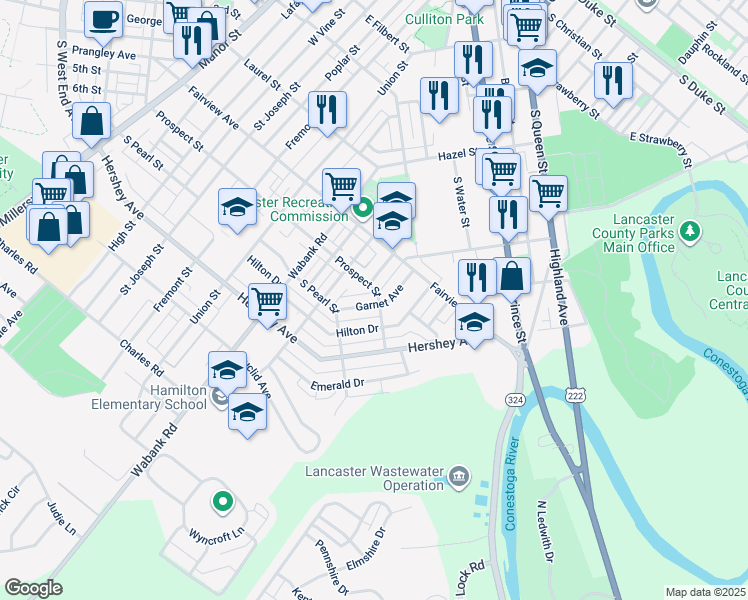 map of restaurants, bars, coffee shops, grocery stores, and more near 729 Garnet Avenue in Lancaster