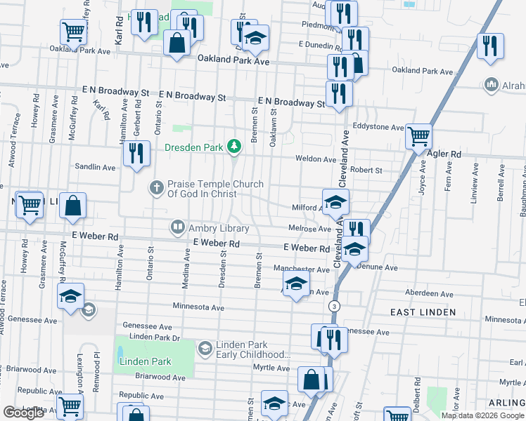 map of restaurants, bars, coffee shops, grocery stores, and more near 2820 Bremen Street in Columbus
