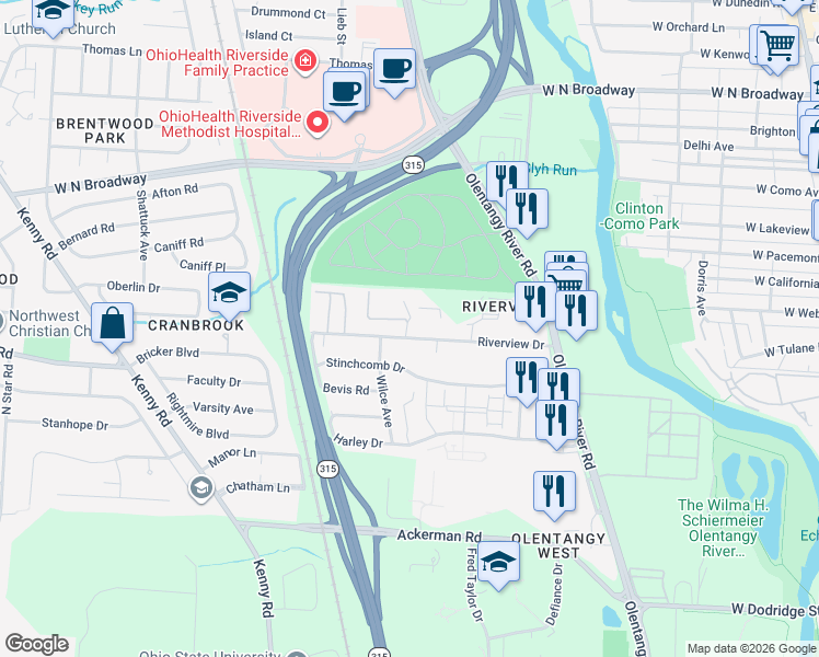 map of restaurants, bars, coffee shops, grocery stores, and more near 704 Riverview Drive in Columbus