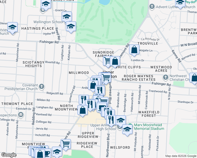 map of restaurants, bars, coffee shops, grocery stores, and more near 1731 Ardleigh Road in Columbus
