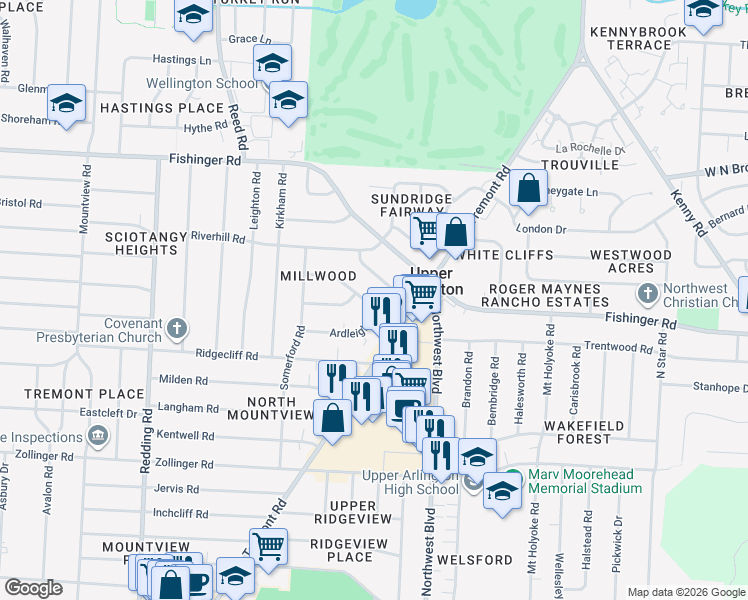 map of restaurants, bars, coffee shops, grocery stores, and more near 1731 Ardleigh Road in Columbus