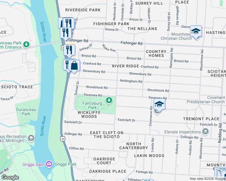 map of restaurants, bars, coffee shops, grocery stores, and more near 2643 Woodstock Road in Columbus