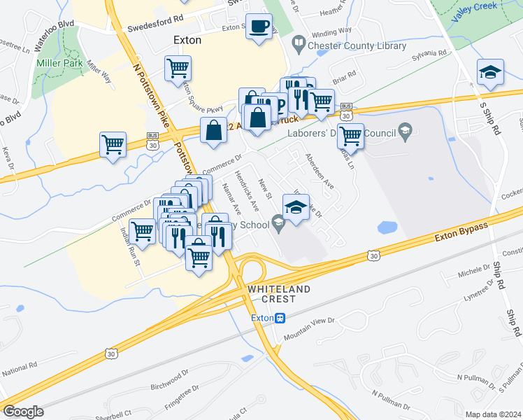 map of restaurants, bars, coffee shops, grocery stores, and more near 229 Hendricks Avenue in Exton