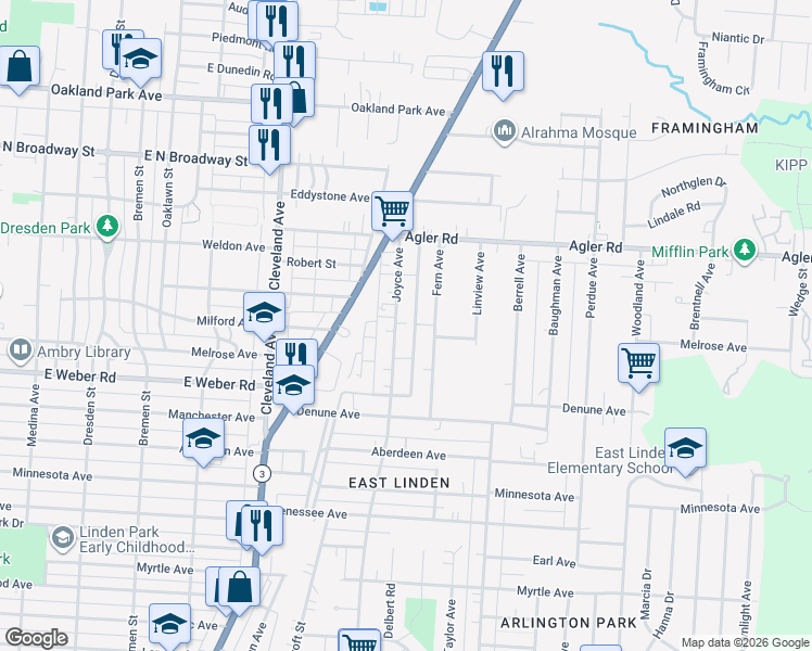 map of restaurants, bars, coffee shops, grocery stores, and more near 2776 Joyce Avenue in Columbus
