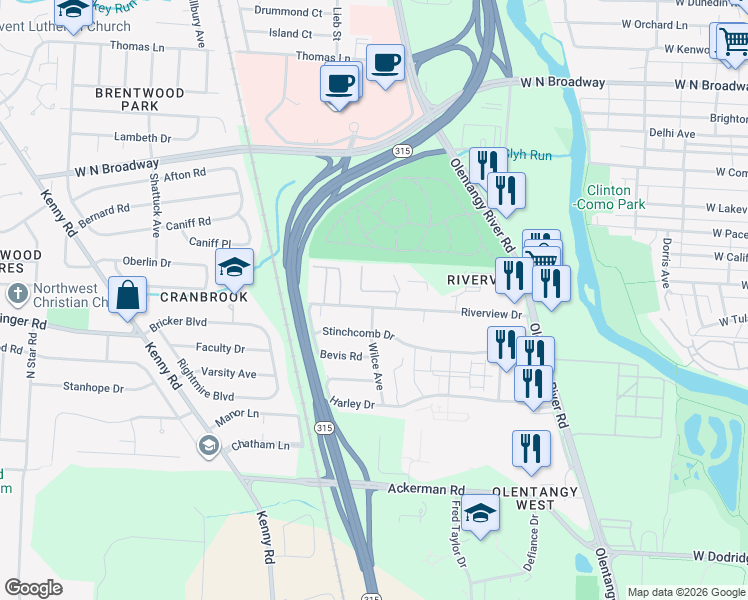 map of restaurants, bars, coffee shops, grocery stores, and more near 714 Riverview Drive in Columbus