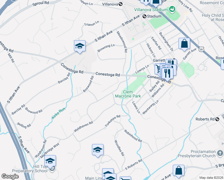 map of restaurants, bars, coffee shops, grocery stores, and more near 328 Strathmore Road in Bryn Mawr