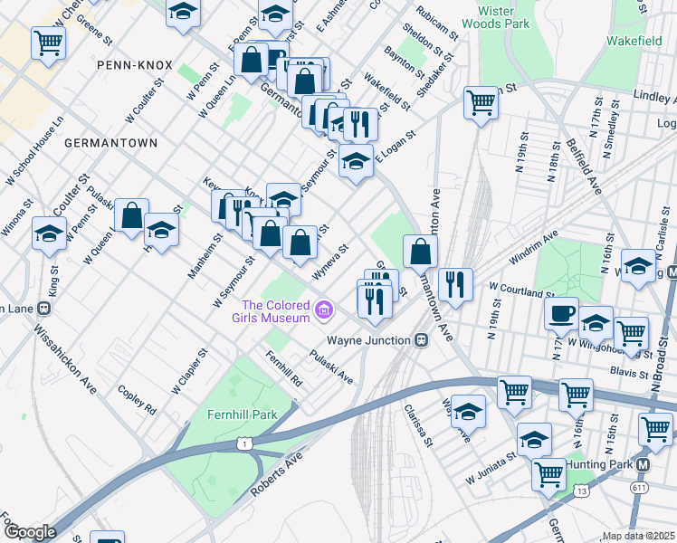 map of restaurants, bars, coffee shops, grocery stores, and more near 147 West Abbottsford Avenue in Philadelphia