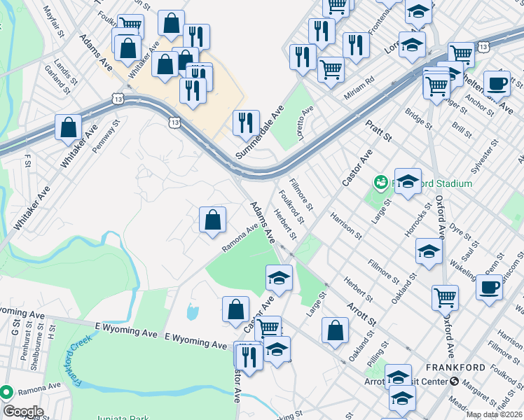 map of restaurants, bars, coffee shops, grocery stores, and more near 4700 Ramona Avenue in Philadelphia