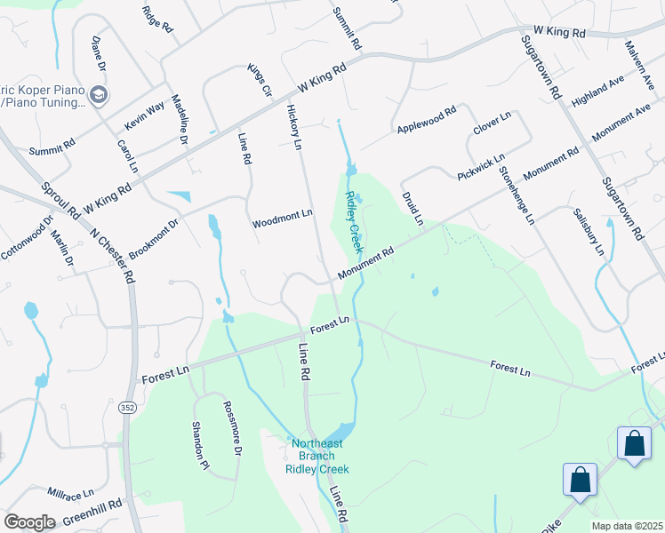 map of restaurants, bars, coffee shops, grocery stores, and more near 35 Hickory Lane in Malvern