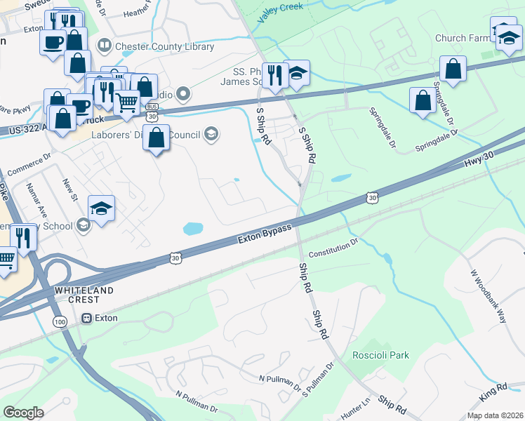map of restaurants, bars, coffee shops, grocery stores, and more near Exton Bypass in Exton