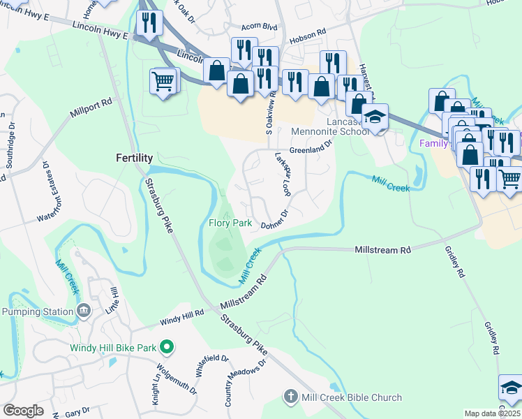 map of restaurants, bars, coffee shops, grocery stores, and more near 440 Daisy Lane in Lancaster
