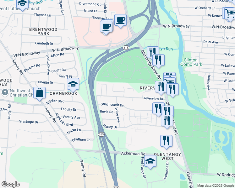 map of restaurants, bars, coffee shops, grocery stores, and more near 704 Riverview Drive in Columbus