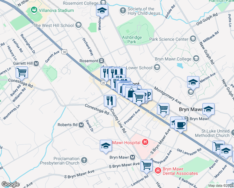 map of restaurants, bars, coffee shops, grocery stores, and more near 1112 Lincoln Highway in Bryn Mawr
