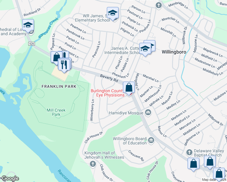 map of restaurants, bars, coffee shops, grocery stores, and more near 15 Cypress Lane in Willingboro