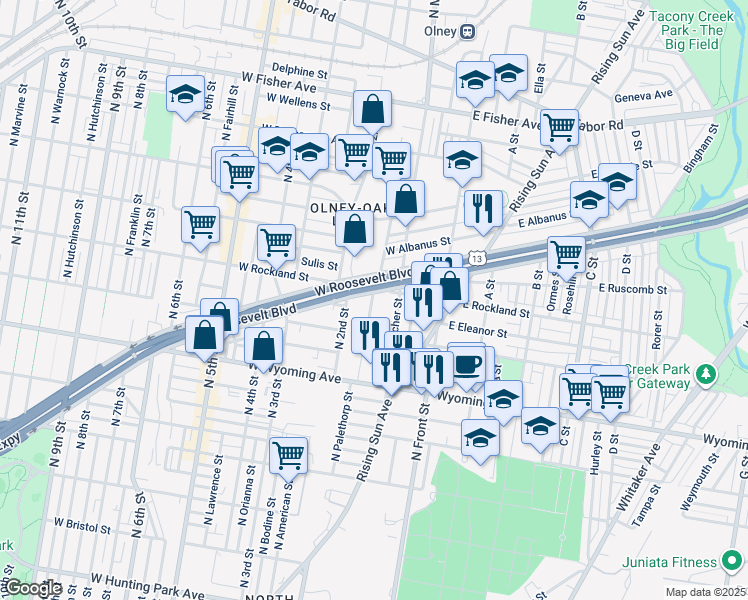 map of restaurants, bars, coffee shops, grocery stores, and more near 182 1/2 West Roosevelt Boulevard in Philadelphia