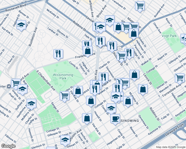 map of restaurants, bars, coffee shops, grocery stores, and more near 6057 Charles Street in Philadelphia