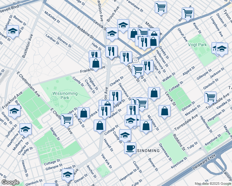 map of restaurants, bars, coffee shops, grocery stores, and more near 6135 Tackawanna Street in Philadelphia