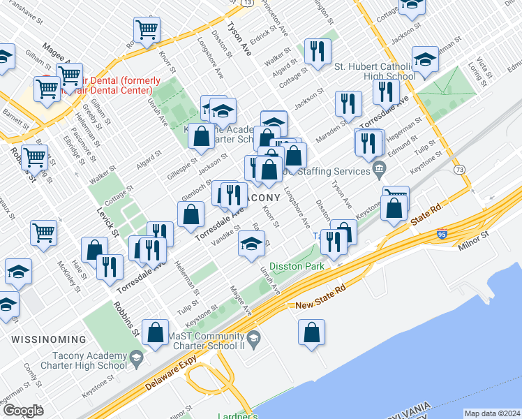 map of restaurants, bars, coffee shops, grocery stores, and more near 4720 Knorr St in Philadelphia