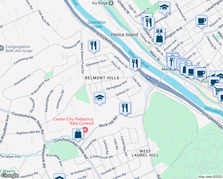 map of restaurants, bars, coffee shops, grocery stores, and more near 166 Springfield Avenue in Bala Cynwyd