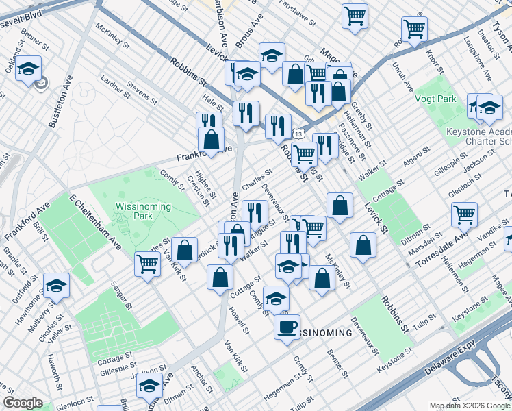 map of restaurants, bars, coffee shops, grocery stores, and more near 6135 Tackawanna Street in Philadelphia