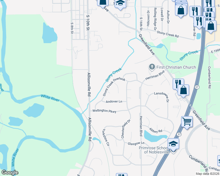 map of restaurants, bars, coffee shops, grocery stores, and more near 305 Gloucester Court in Noblesville