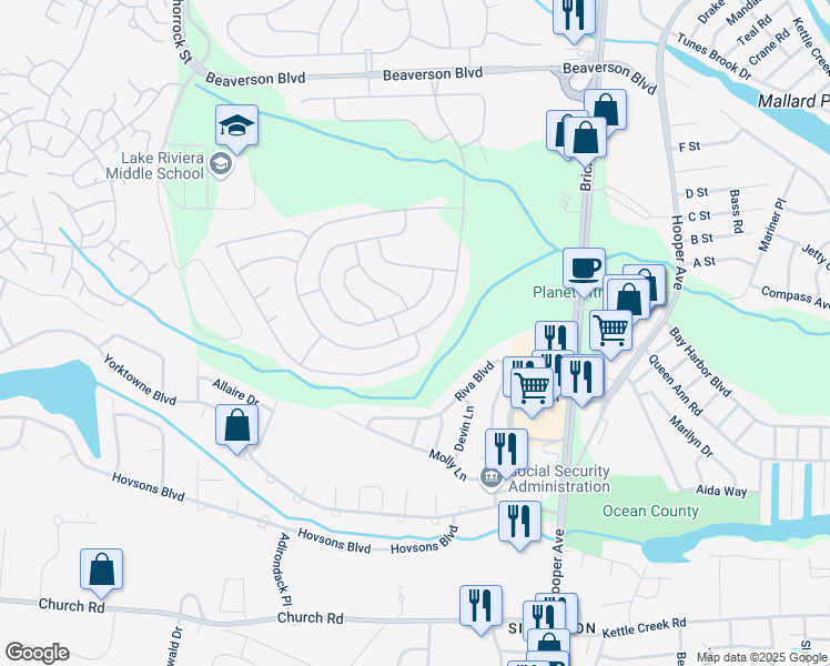 map of restaurants, bars, coffee shops, grocery stores, and more near Lions Head Boulevard South & Meadowbrook Road in Brick