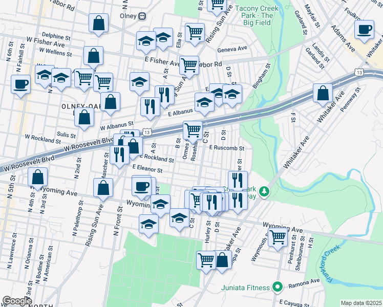 map of restaurants, bars, coffee shops, grocery stores, and more near 4928 Rosehill Street in Philadelphia